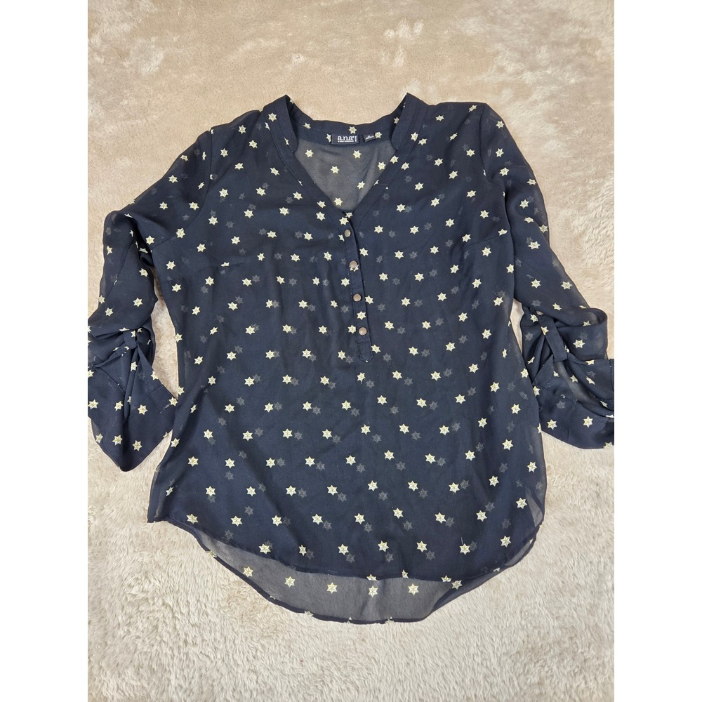 a.n.a Petite Black Star‎ Print Sheer Chiffon V-Neck Blouse Bell Sleeve PL